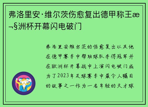弗洛里安·维尔茨伤愈复出德甲称王欧洲杯开幕闪电破门 弗洛里安·维尔茨伤愈复出德甲称王欧洲杯开幕闪电破门